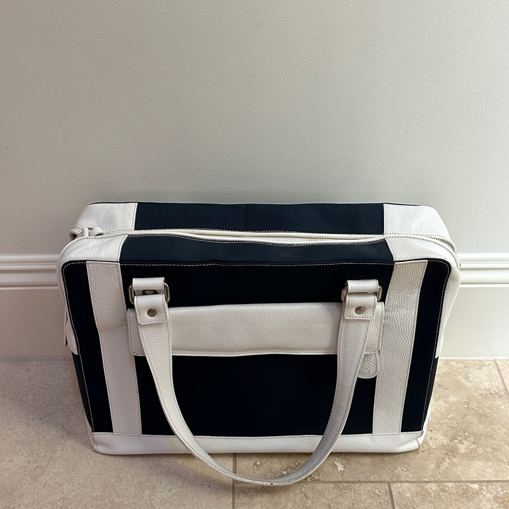 Cortiglia Marina Navy canvas and white leather tennis bag tote